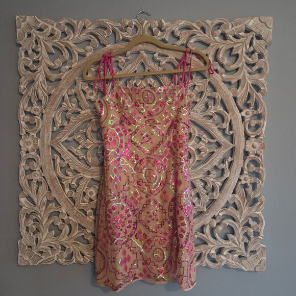 Free People show off mini sequin dress pink tan Size 10 - Picture 4 of 11